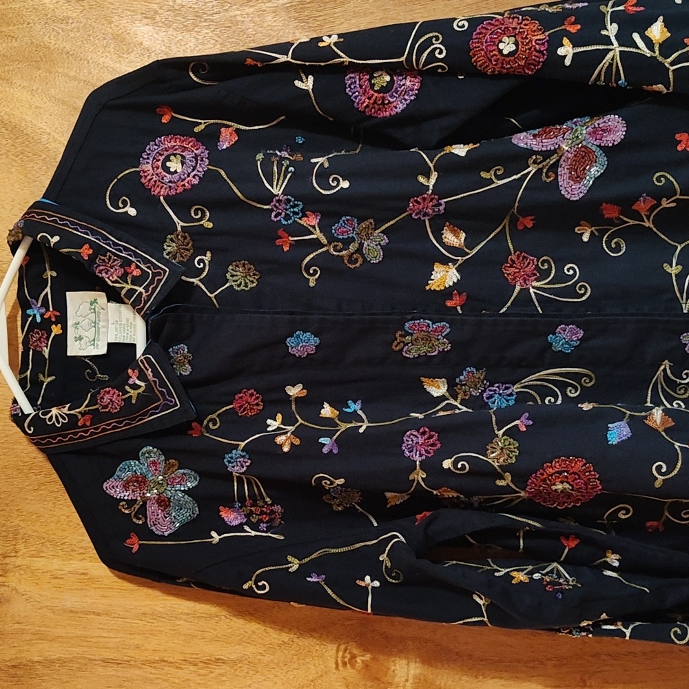 Stunning Quacker Factory Beaded Shacket Navy Embroidery Butterfly Cotton India L - Picture 3 of 16